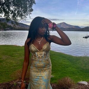 Elegant Gold and Green Evening Dress